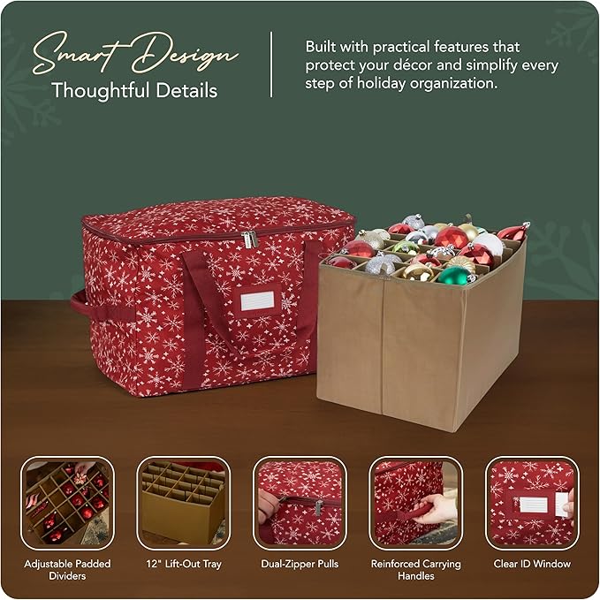 Covermates Keepsakes Adjustable Ornament Storage Bag – Heavy-Duty Polyester, Padded Dividers & FlexGrid Trays – Protective Holiday Ornament Organizer with Handles & Label Window, Red Snowflake