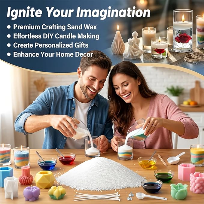 Sukh 430g (0.95lb) Candle Sand with Wick - Refillable Pearled Candles Sand and Wicks Reusable Snow Powder Wax for DIY Making, Gifts, Holiday Decorations