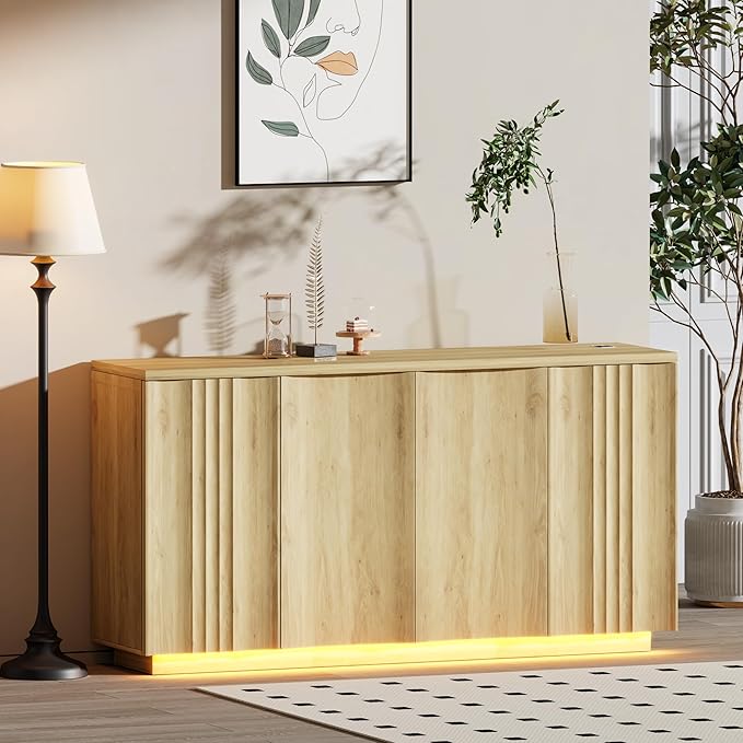 63'' Buffet Cabinet with Storage, Coffee Bar with 4 Doors & 2 Adjustable Shelves, Modern Sideboard Table with 3 Color LED Light for Kitchen (Wood)