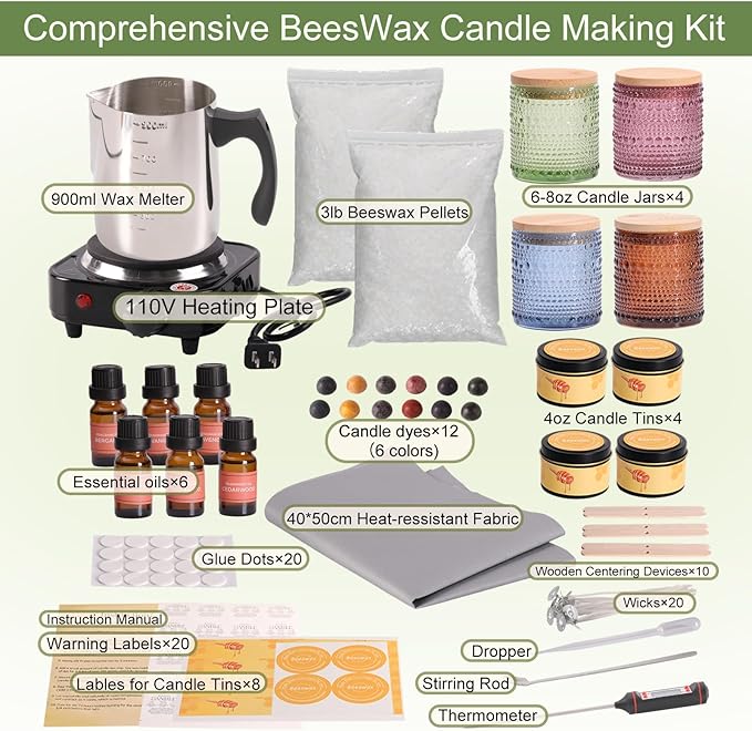 LAMORGIFT Beeswax Candle Making Kit with Wax Melter for Adults- Natural Bees Wax with Candle Supplies, 4 Jars& 4 Tins, Melting Pot and More, Colored Scented Candle DIY Kit Set