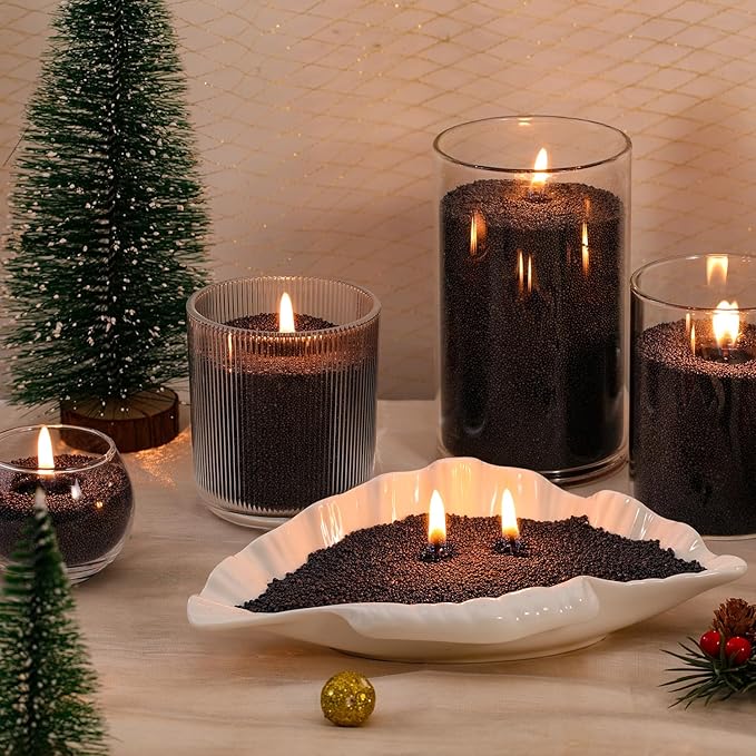 LAMORGIFT 1LB Black Candle Sand- Pearled Candles with Wicks (10 Pcs), Candle Beads, Sand Wax, Candles Unscented for Powder Candle Making, Refill Kit