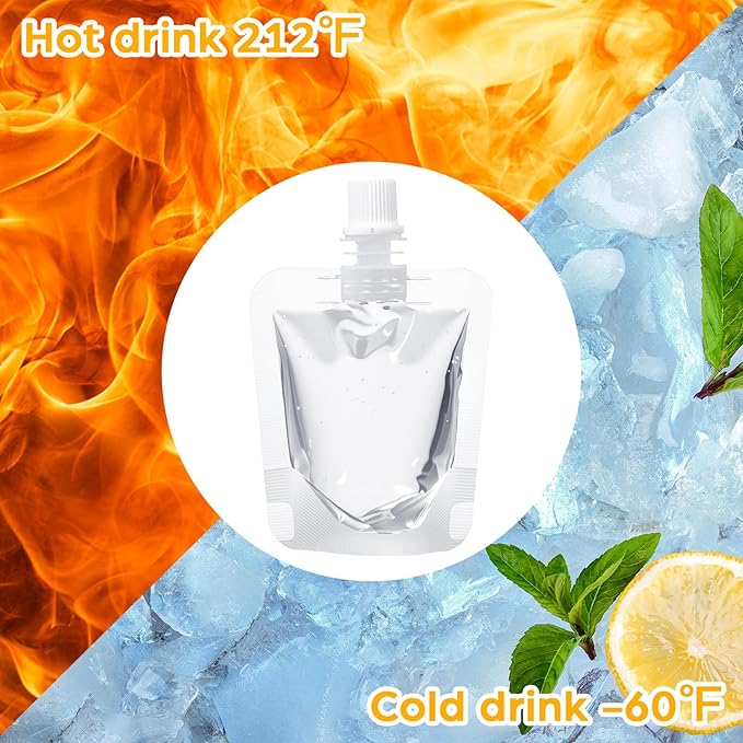100 Pcs Plastic Pouches Bulk Clear Juice Bags Squeeze Pouches Plastic Leak Proof Bags with Funnel for Party Favors (1.7 oz)