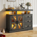 Lvifur LED Farmhouse Sideboard Buffet Cabinet with Storage, Wood Coffee Bar Station Table w/Charging Station, Large Kitchen Storage Cabinet w/Adjustable Shelf and 3 Drawers (Dark Rustic Oak)