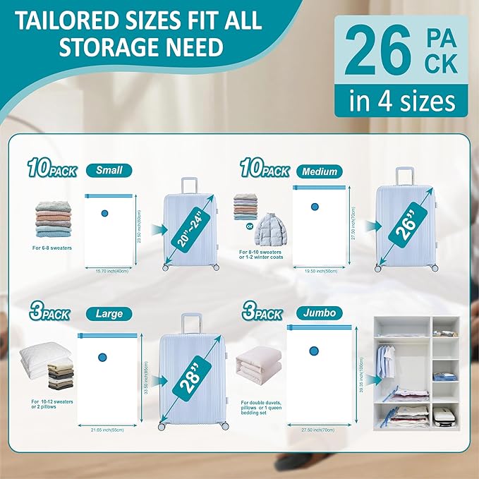 Cozy Essential Travel Vacuum Storage Bags with Rechargeable Cordless USB Pump, Space Saver Bags for Luggage, Suitcase, Carry-On, for Clothes, Blankets, Bedding & Seasonal Storage,26 Combo