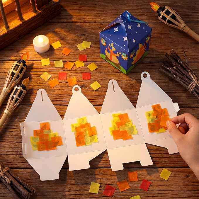 Simgoing 12 Sets Camp Crafts with LED Candles Lights Camping Campfire Vbs Tissue Paper Crafts Kits DIY Campfire Lantern Hanging Ornaments for Vbs Sunday School Party Activities