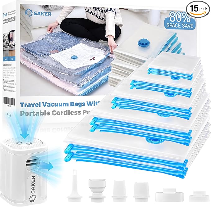Saker Vacuum Storage Bags with Electric Pump, Space Bags Vacuum Storage Bags, 2-in-1 Pumping and Inflation, 15 Pack (3 Jumbo,3 Large,3 Medium,3 Small,3 Roll Up Bags) for Clothes, Bedding, Travel