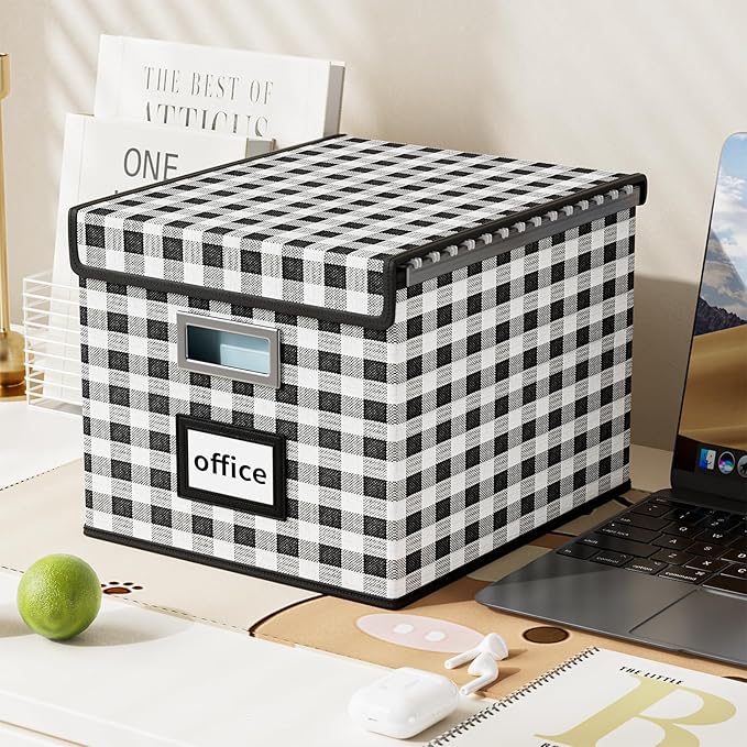 Huolewa Decorative Collapsible File Storage Organizer Boxes with Lids, Hanging Filing & Storage Boxes for Office/Decor/Home, Filing System for File and Folders Storag - (Black & White Lattice)