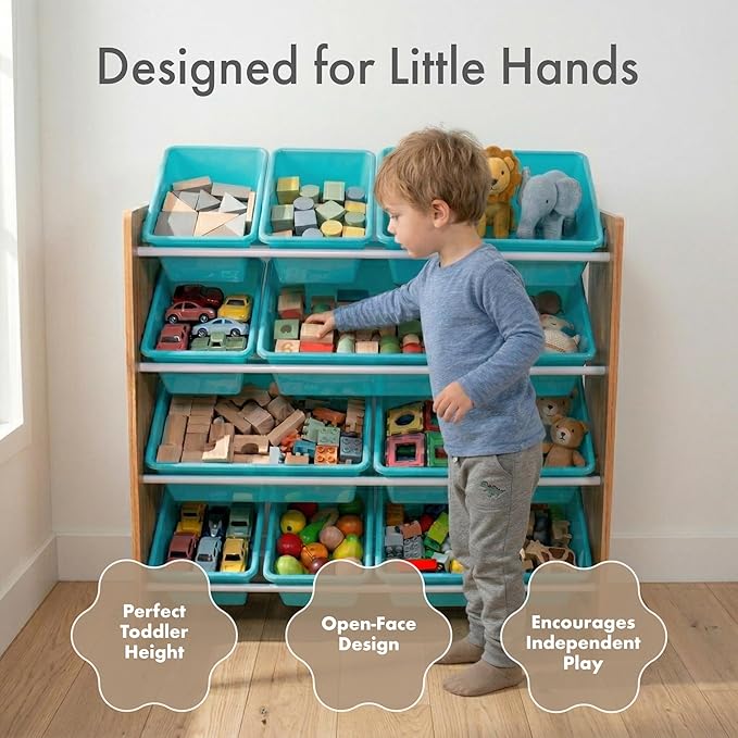 Humble Crew Kids Toy Storage Organizer with 12 Plastic Bins, Natural Wood/Aqua – Removable Bins for Playroom, Bedroom, Toddler Furniture for Boys and Girls Ages