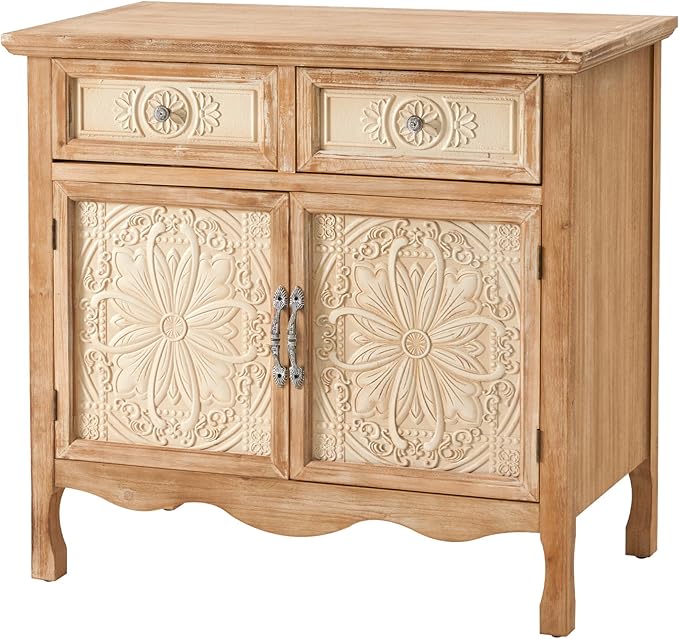 RoyalCraft Solid Wood Nightstand, Vintage Side Table with 2 Doors and 2 Drawers, Large End Table with Storage, Bedside Table for Bedroom, Living Room, French Romance Design, (Natural)