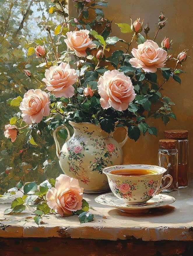 Diamond Painting Kits for Adults Tea Diamond Painting Kits Flower 5D Full Square Drill Strass Crystal Crafts for Adults DIY Art Kit for Beginner, Home Wall Art, Gifts for Women 24x35in R-49950Q