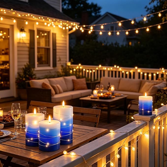 Flameless Candles with String Lights, Battery Operated Candles with Remote Control and Timer,Flickering LED Pillar Candles for Home Decoration,Real Wax, Gradient Blue (3-Pack)