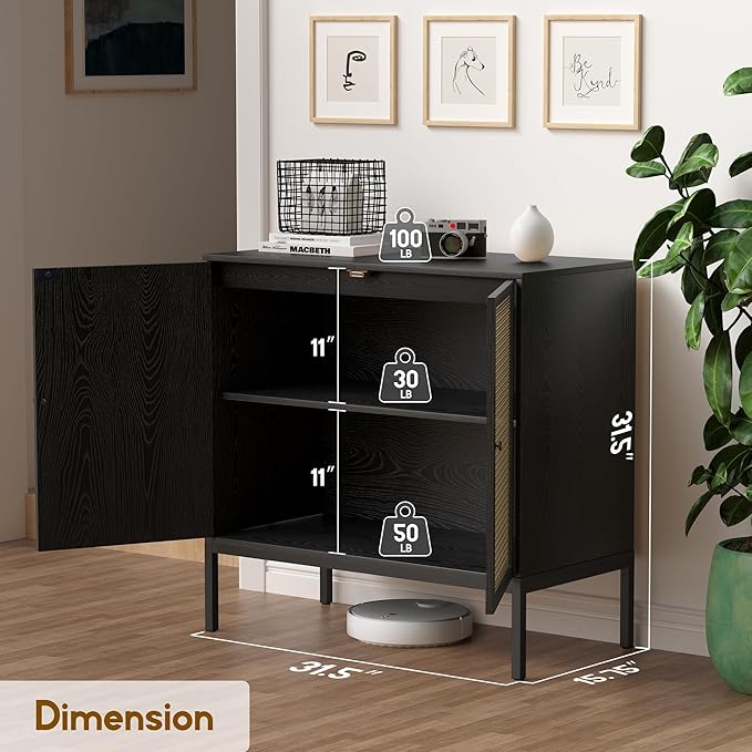 XIAO WEI Sideboard Buffet Cabinet with 2 Natural Rattan Decorated Doors, 31.5" W Accent Rattan Cabinet, Boho Credenza Storage Cabinet, for Living Room Dining Room Hallway, Metal Legs, Black(2 PCS)