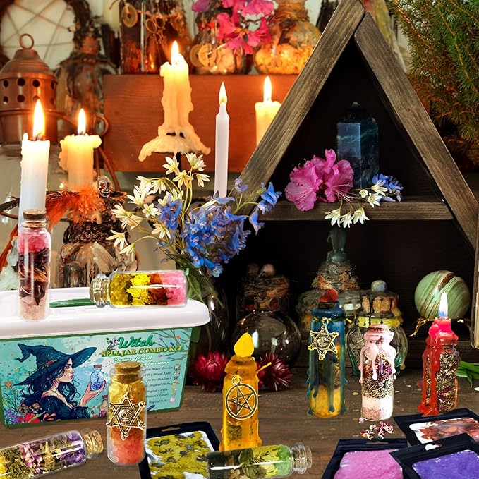 Ainswei Witch Spell Jar Kits,Witchcraft Supplies 145 PCS, Witchcraft Starter Kit Include Spell Candles Crystals Dried Herbs Gift, Versatile Tools Gifts for Beginner Experienced Witch