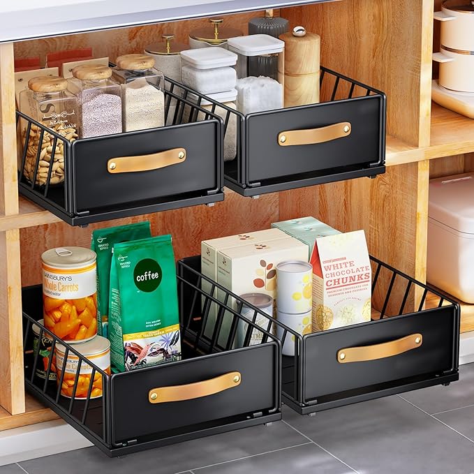 Pull out Cabinet Organizer,Heavy Duty Slide out Pantry Shelves Drawer Storage with Adhesive Nano Film,Sliding Mesh Cabinet Basket with Handle for Kitchen, Bathroom, Home, 13.8"W X 15.7"D X 6.2"H,Black