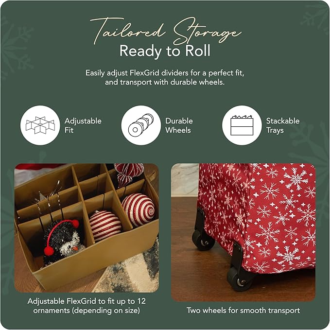 Covermates Keepsakes Rolling Adjustable Ornament Storage Bag – Heavy-Duty Polyester, FlexGrid Trays & Padded Dividers – Protective Holiday Organizer with Wheels, Handles & ID Window, Red Snowflake