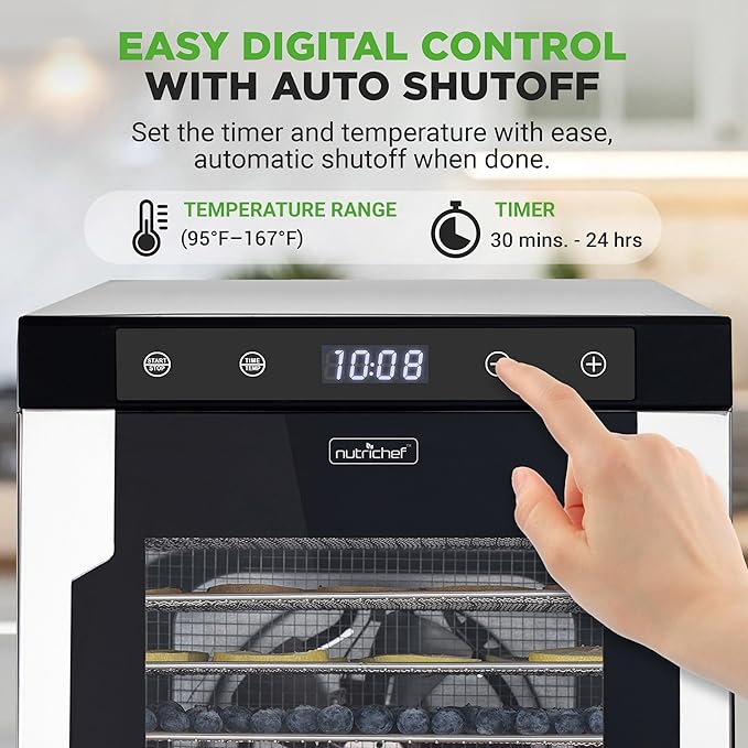 NutriChef Electric Countertop Food Dehydrator-900-Watt Premium Multi-Tier: Save Time v. 600W. Make Jerky, Dried Fruit/Veggies, Dog Treats, Yogurt, 10 Stainless Steel Trays, Digital Timer, Temp Control
