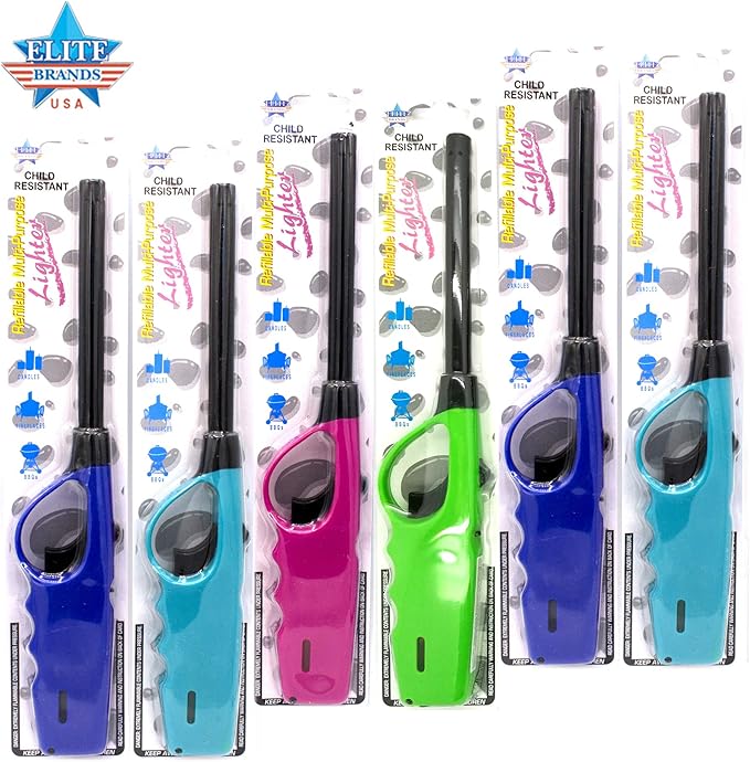 Multipurpose Long Fire Lighters Pack, Refillable Upgrade, Ideal for BBQ Grill Fireplace Gas Stove Campfire, Neon Color Utility Lighter, Value Pack of 6