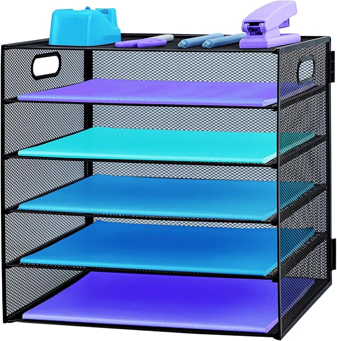 5 Tier Desk Organiser with Handle, Pull-Out Mesh File Organizer for Letter Tray Organizer Mesh Desk Organiser Tray Paper Storage Rack for A4 File Office Supplie, Black