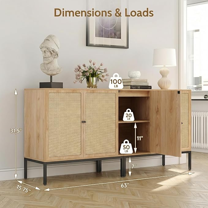 Yechen Set of 2 63" Sideboard Cabinet with Natural Rattan Doors, Buffet Console & Accent Cabinet, Rattan Credenza Storage with Metal Legs for Living Room, Kitchen, Dining Room