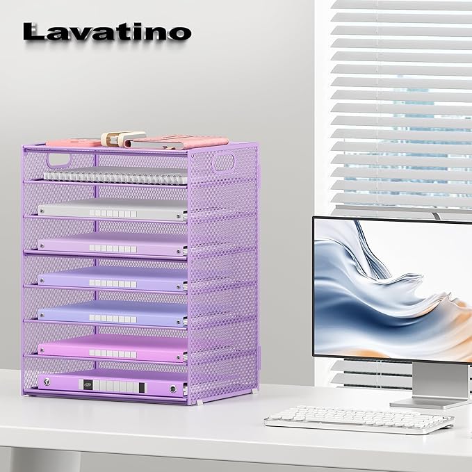 Lavatino 2 Pack 8-Tier Office Desk File Organizer, Letter Tray Paper Organizer with Handle, Including 5 Adjustable Slide Trays for Organizing Desk Workspace Accessories and Supplies (Purple Mesh)