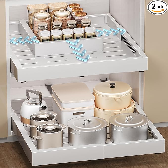 2 Pack Pull Out Cabinet Organizers, Width (12"-19") and Depth (17"-23") Expandable With 3 Slides, No Drill Slide out Drawers Adhesive Film or Nail Cabinets Without Lip in Kitchen, Pantry or Bathroom