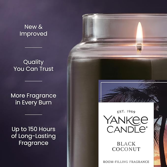 Yankee Candle Black Coconut, Scented Candle, 22oz Large Jar with up to 150 Hour Burn Time, Giftable