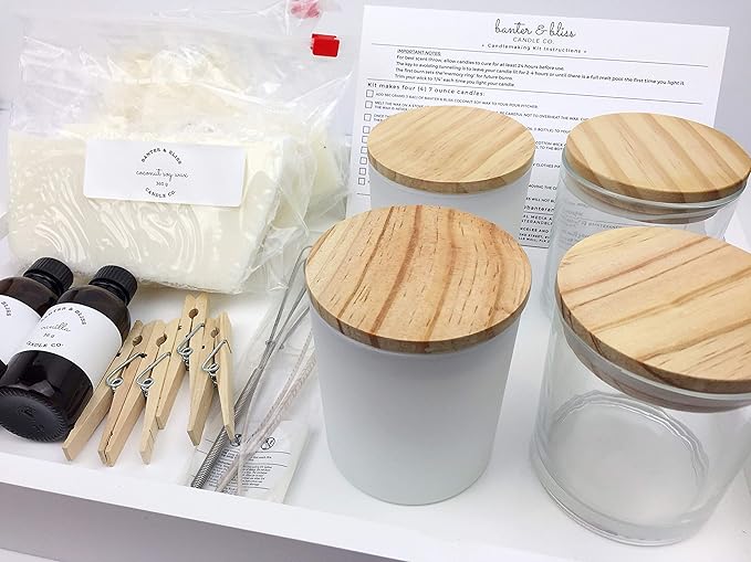 Minimal & Modern DIY Coconut Wax Blend Candlemaking Kit by Banter & Bliss Candle Co. - Makes Four 7 oz. Candles - Make More Kit (32 pieces)