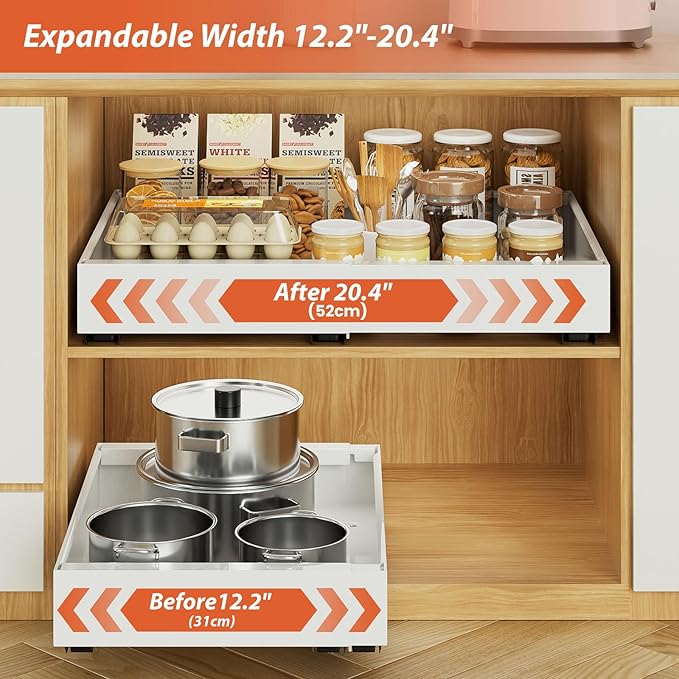 1Pack Expandable Pull Out Cabinet Organizer 16.5"Deep, Adjustable Width 12.2"-20.4" Slide Out Drawers & Roll Out Shelves for Kitchen Cabinets, Easy Install with Double-Sided Adhesive, White