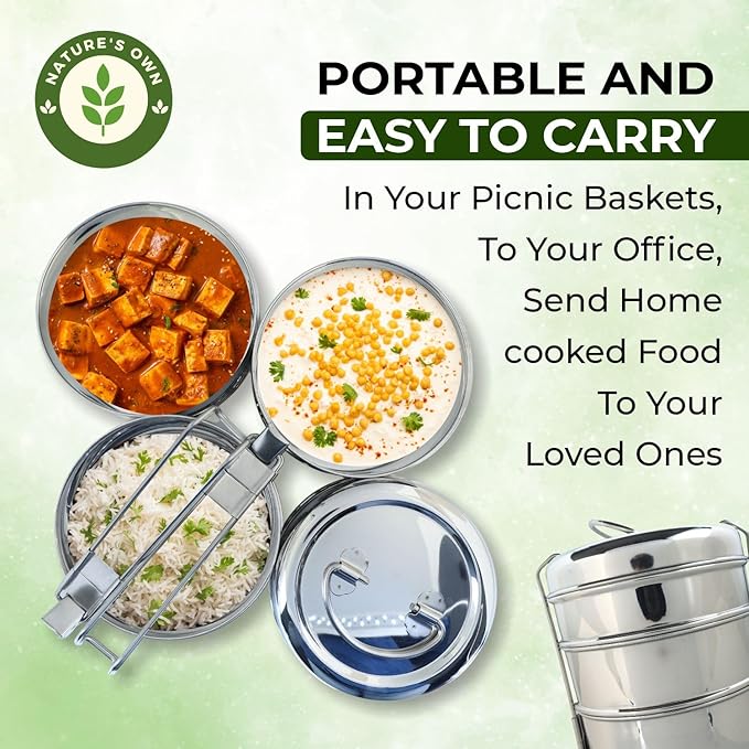 Nature's Own Indian Stainless Steel Tiffin Lunch Box, 4-Tier Snack Box/Food Container Airtight Leak Proof, 4 Compartment, Suitable for Office Use, Outdoor Lunches/Dining, Size 8x4 Inch