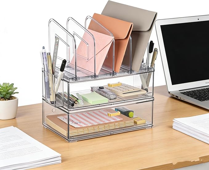 LALOBLUE Acrylic Desk Organizer with Drawer, Office Supplies,Organization Storage, 2 PC Drawer Organizer with 4 File Sorter, Desk Organizers and Accessories, Clear Acrylic File Organizer