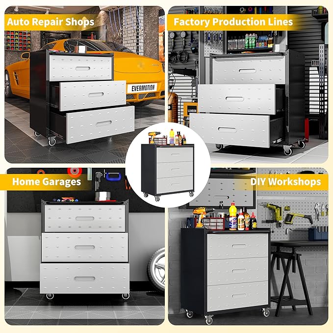 Garage Storage Cabinets with Wheels, Locking Metal Storage Cabinets with 3 Drawers, Easy Assembly Rolling Tool Cabinet for Garage, Basement,Warehouse