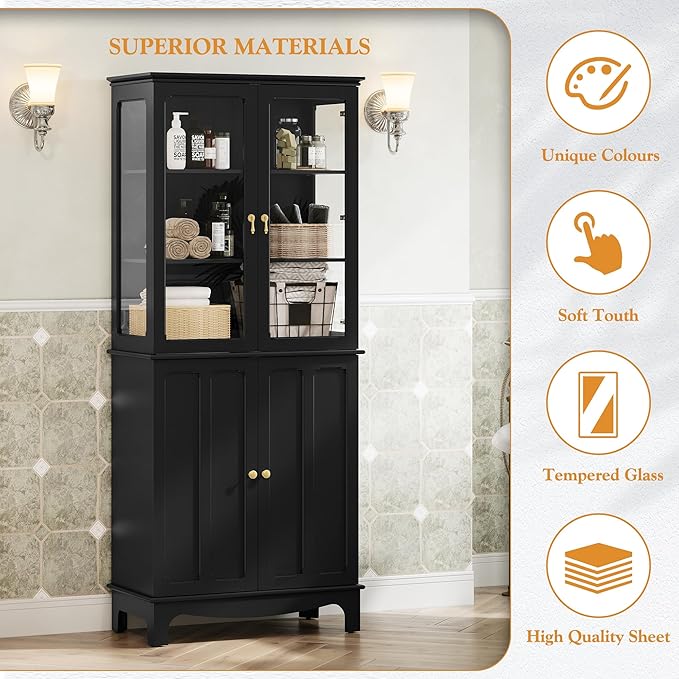 72" Tall Kitchen Pantry Cabinet with Glass Door and Adjustable Shelves, Vintage Food Storage Cabinet for Kitchen, Dining Room, Living Room, Black