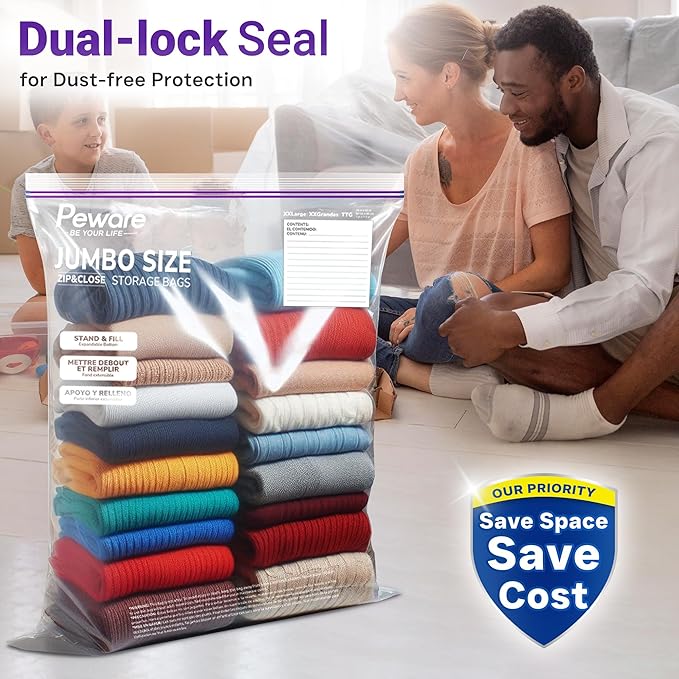 Large Storage Bags, 24"x32" Jumbo Plastic Bag, BPA Free, 20 Gallon 3XL Zipper Lock Baggies for Clothes Pillow Travel Moving - 30 Mega Bags