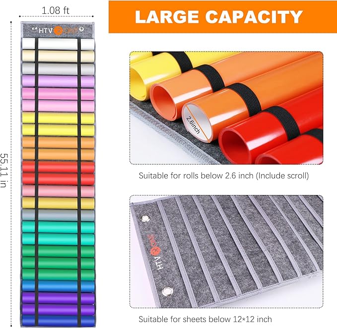 HTVRONT Vinyl Roll Holder With 47 Compartments, Vinyl Roll Storage Organizer Double-sided Organizers Wall Mount for Home Craft Closet, Craft HTV Storage Idea, Gift Wrap Organizer(Grey)