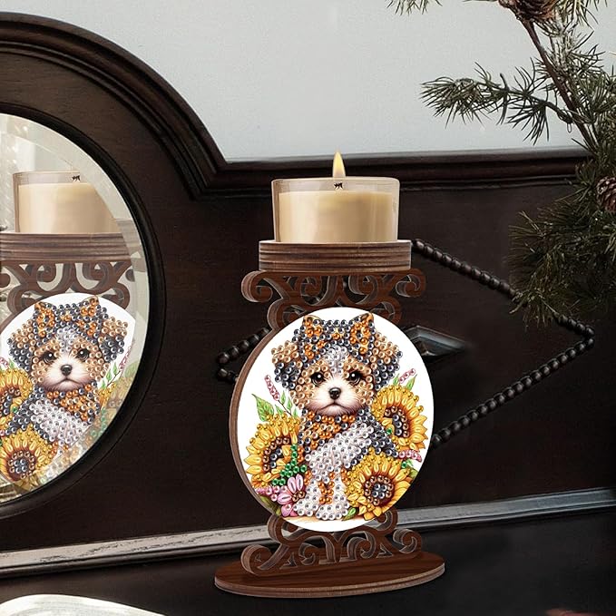 Diamond Art Painting Candlestick Holder kits, Sunflower Puppy DIY shaped crystal Diamond art painting, woodiness Candle holder for AromaRelax & Home Decor, Christmas Halloween Ornaments (Double-Sided)