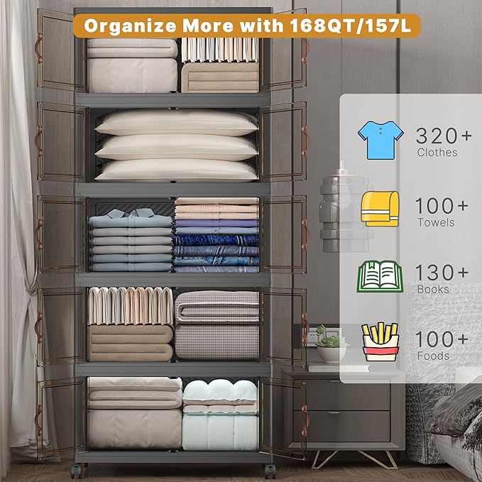 Extra Large Stackable Storage Bins with Lids & Wheels, Foldable Collapsible Closet Organizers Dark Storage Cabinet with Doors for Bedroom Dorm