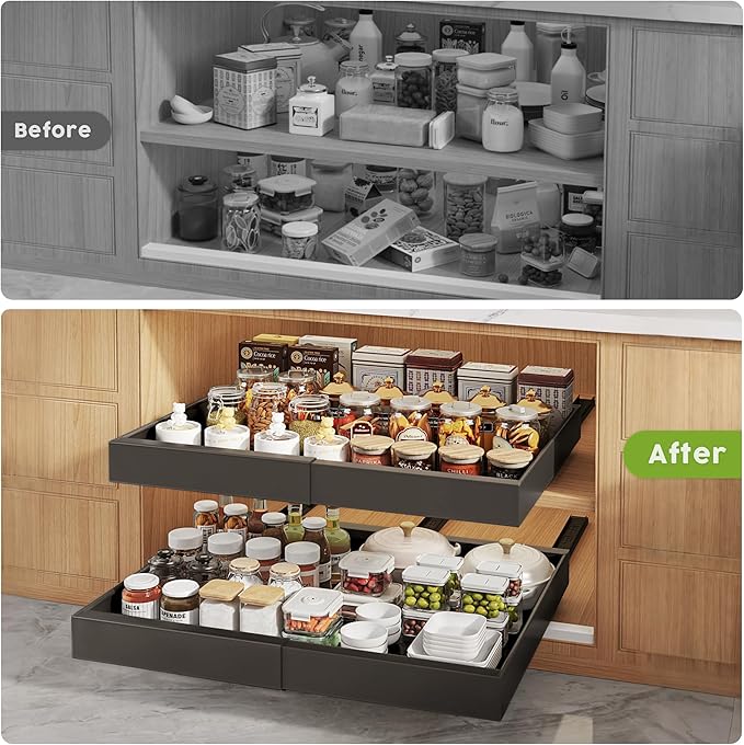 Seinloes 2 Pack Pull Out Cabinet Organizers 16.5" Deep With Raising Pad for Framed Cabinets,Expandable Slide Out Drawers Upgrade 3 Slide Rails,Roll Out Shelves,Adjustable Width 12.1"-20.45" Black