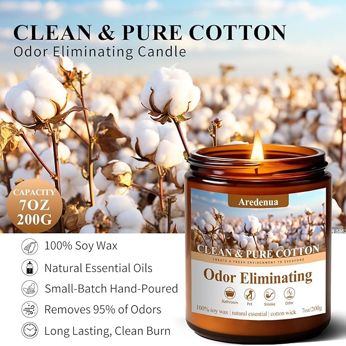 Clean & Pure Cotton Odor Eliminating Candles | Eliminates 95% of Pet, Smoke & Bathroom Odors – 7 oz Hand Poured Non-Toxic Soy Candle - Fresh Air Scented Candle Gentle for Pet - Gifts for Families