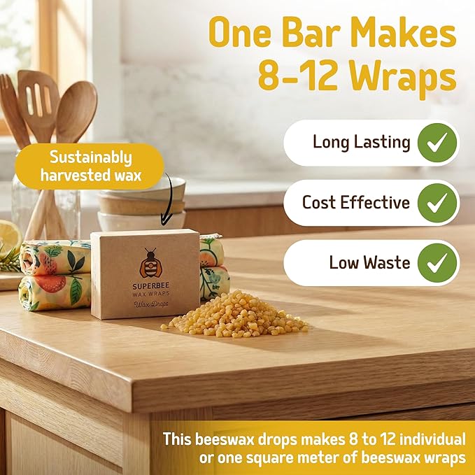 SuperBee Beeswax Drops for Wraps – DIY Kit with Tree Resin & Coconut Oil, Makes Up to 12 Beeswax Wraps, 100g Pack of Drops for Easy Melting & Spreading, Great for Homemade Food Covers