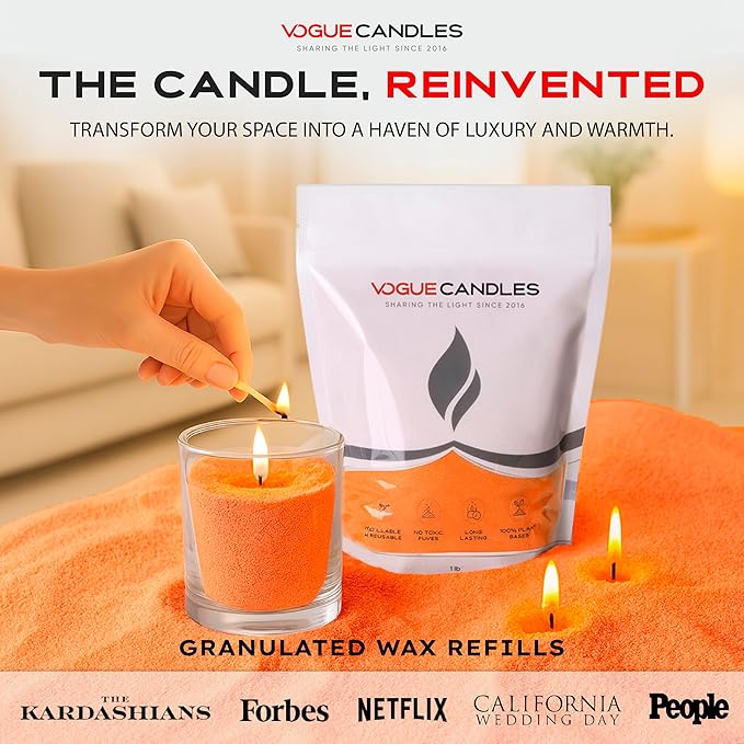 Vogue Candles Orange Pearled Candle Sand Wax (1 LB) – Mother’s Day Candle Kit with 15 Cotton Wicks for DIY Home Lighting – Plant-Based & Reusable Wax Granules Refill for Clean Burning & Custom Vessels