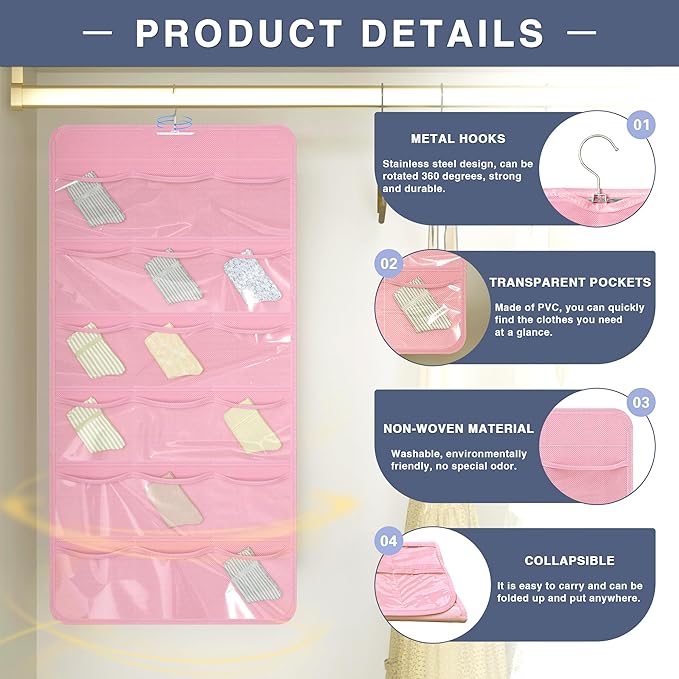 Hanging Closet Underwear Organizer, 28-Pockets Dual-Sided Storage for Socks, Bras, and Leggings Lingerie and Kids’ Clothing, Pink