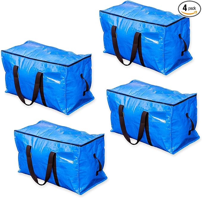 Blue Heavy Duty Extra Large Storage Bags with Zipper and Handles, 23 Gallon Capacity, 4 Pack