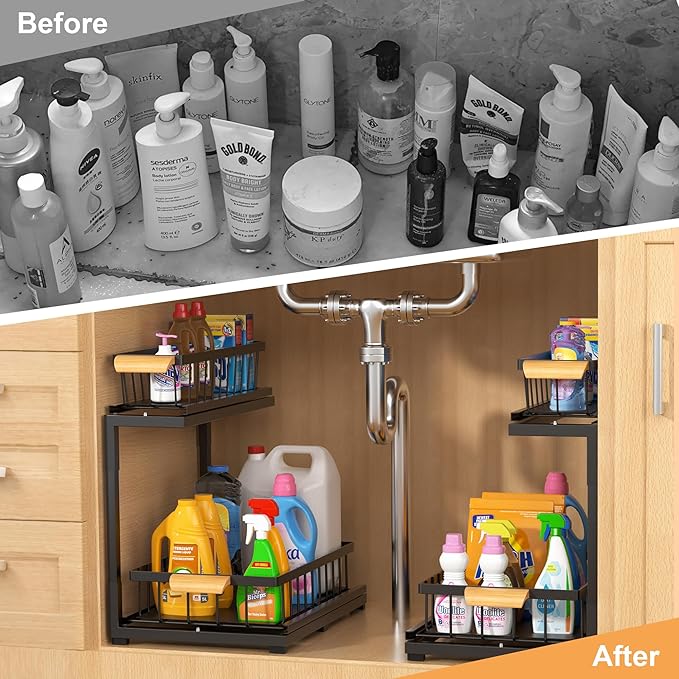 Under Sink Organizer 2 Tier, Pull Out Drawer Slides Under Sink Storage for Bathroom Kitchen,Multi-Purpose Drawer Under Cabinet Organizer for Cleaning Supplies (Black, Large-1 Pack)
