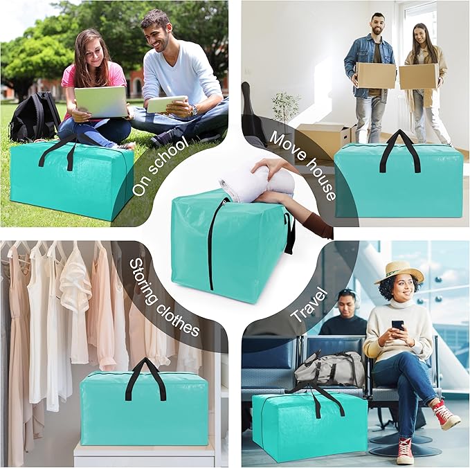 VELVETSURE 12 Pack Heavy Duty Large Moving Bags W/Backpack Straps - Strong Handles & Zippers, Storage Totes For Space Saving, Fold Flat, Alternative to Moving Box and Storage Bin, Aquamarine