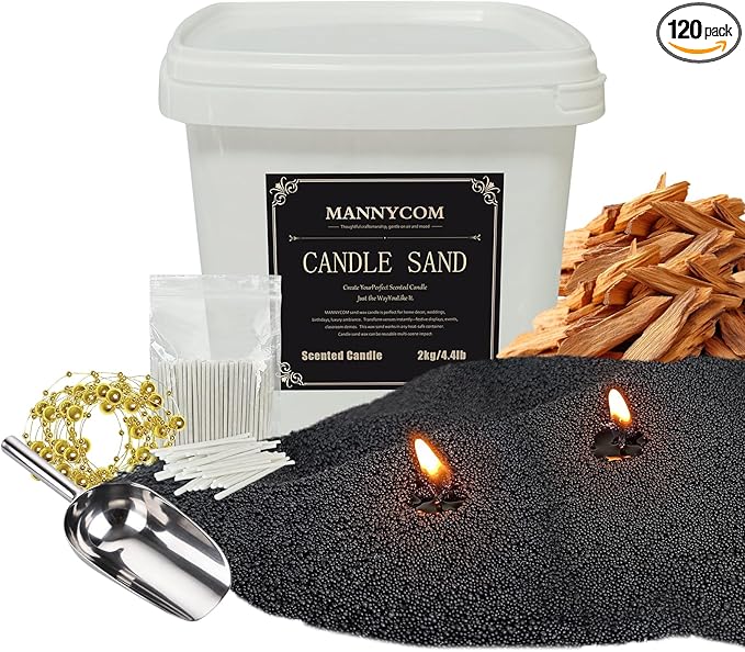 4LB Candle Sand - Black Sandalwood Fantasy Scented Wax Beads, Sand Wax, with 120 Cotton Wicks & Stirring Spoon Ice Scoop - DIY Candles Making Refill Kit