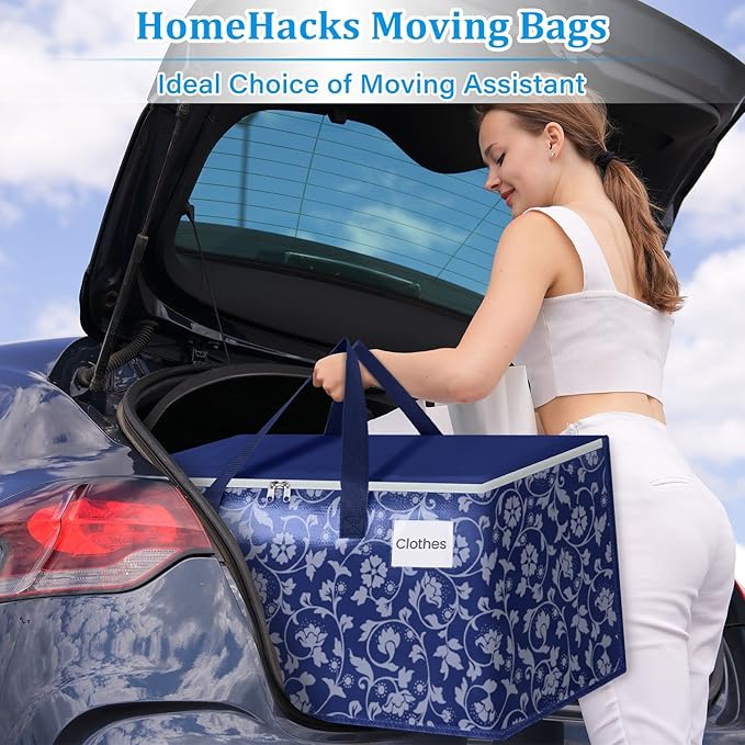 HomeHacks Moving Bags, Extra Large Size Moving Boxes, Heavy Duty Luggage Bags with Smooth Zipper and Sturdy Handles, Large Capacity & Easy Loading Storage Totes for Space Saver 125L, 10-Pack, Blue