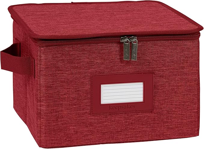Covermates Dish Storage Box – China & Dinner Plate Storage Container with Dual Zippers, Reinforced Handles, ID Window & Stackable Structured Walls for Dishware Organization, Red Heather