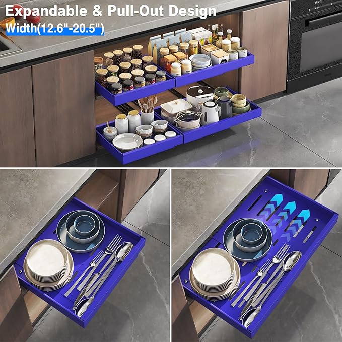 2 Pack Pull Out Cabinet Organizer, Expandable Slide Out Drawers for Kitchen Cabinets Peel and Stick Pullout Drawer Heavy Duty Sliding Shelves for Cupboard, Pantry, Bathroom(16.5" Deep, Blue)