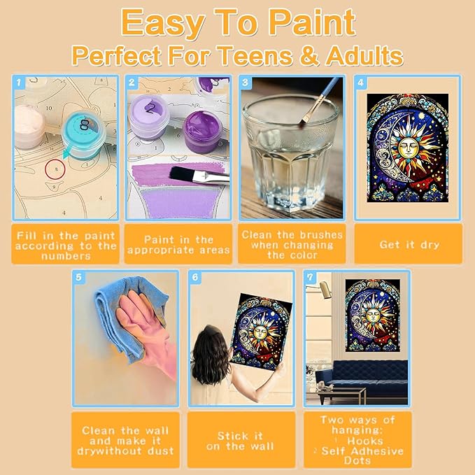 Meothan Paint by Numbers Kit for Adults,Stained Glass Paint by Numbers Kit for Beginner Sun Moon Paint by Numbers Kits for Home Table and Gift for Wall Decor 12x16 inch Framed and Easel