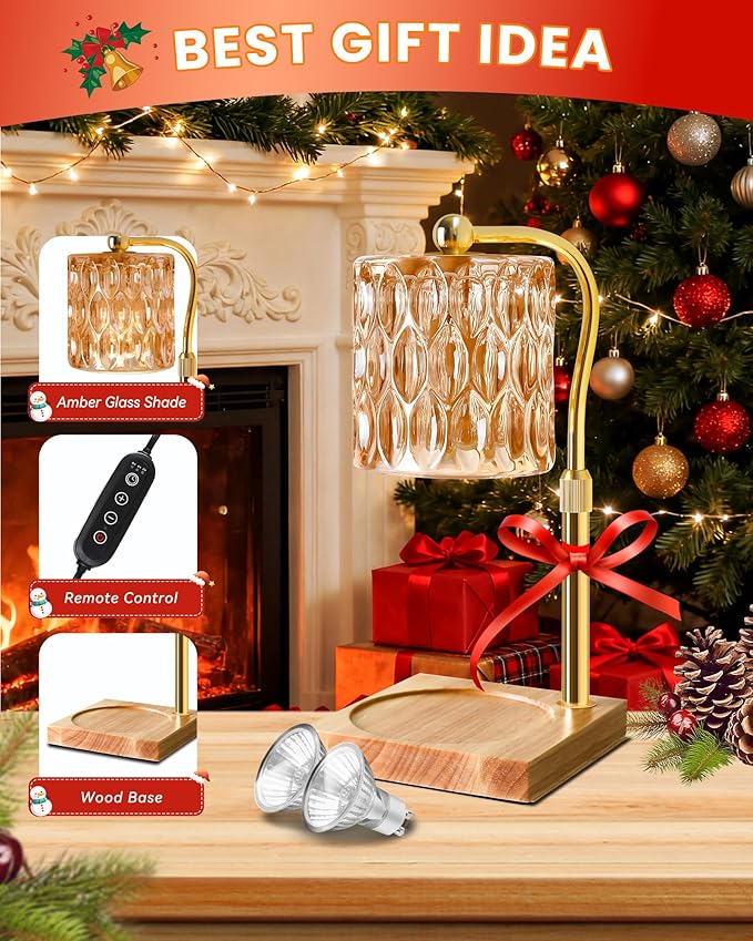 Candle Warmer Lamp Adjustable Height with Timer Dimmer, Dimmable Glass Wax Melt Warmer Light for Scented Jar, Present for Women Candle Lovers Christmas House Warming Home Decor Brithday, Amber
